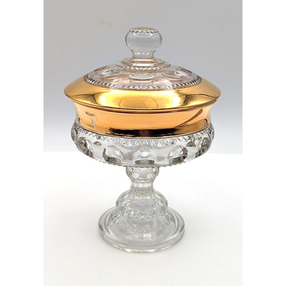 Indiana Glass Kings Crown Thumbprint Style Compote with lid and Gold Trim